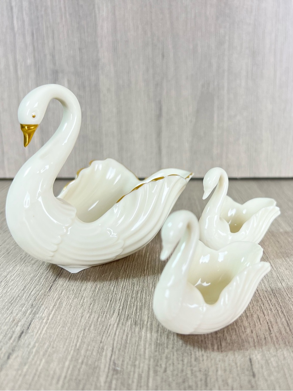 Vintage Lenox Porcelain Swans 3 Pc. Salts And Trinket Dish made in USA gold trim